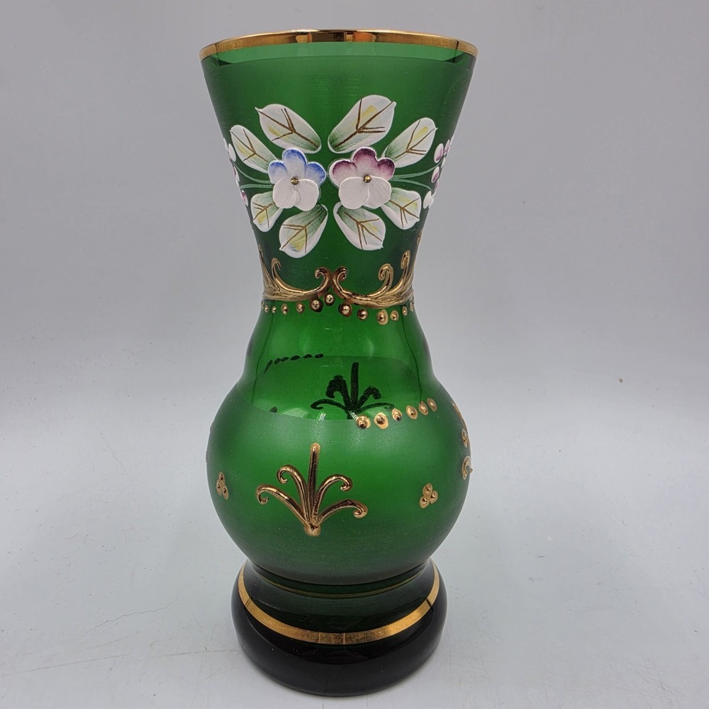 Vtg Cristal de Boheme Czech Emerald Green Glass Vase Hand Painted Floral Gold 6"